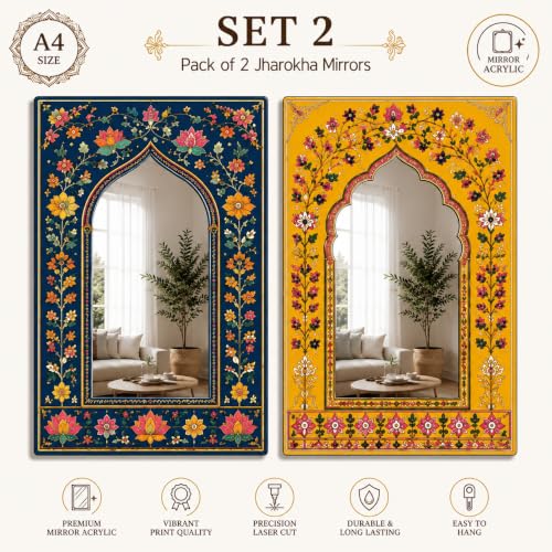 Image of American Elm Pack of 2 Jharokha Mirror Wall Decor for Home Decor Living Room Bedroom and Entryway Indian Floral Arch Acrylic Mirror Wall Hanging Ready to Hang