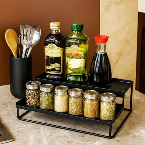 Image of Amazon Brand - Umi 2-Tier Step Standing Rack Spice Bottle Stand Utensil Holder Food Storage Organizer for Cabinet Cupboard Pantry Shelf Bathroom Organizer (Black, Pack of 1)