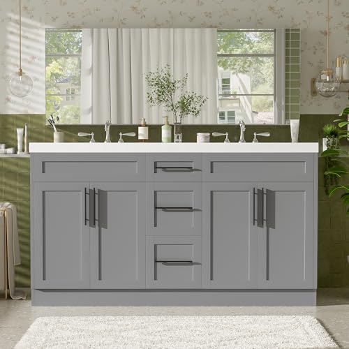 LUMISOL 60 Inch Grey Vanity with Double Sink, Modern Large Bathroom Vanity with 3 Drawers & 4 Soft-Close Doors, Solid Wood Bathroom Cabinet with Double SMC Sink, Grey