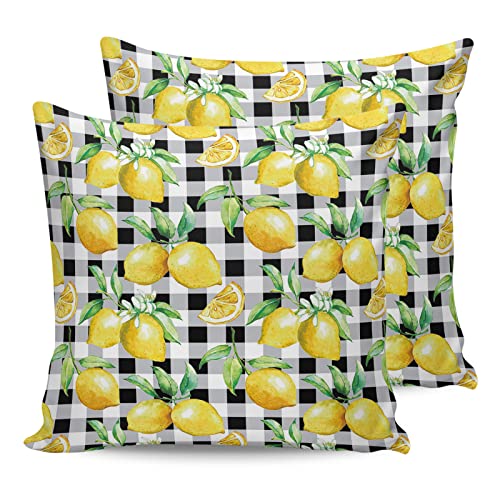Summer Outdoor Pillow Covers Set Of 2, Yellow Lemon White Floral Decorative Waterproof Throw Pillowcase Farm Fruit Black White Buffalo Plaid Cotton Linen Soft Cozy Cushion Cover Pillowsham 16X16In #TOP6