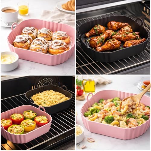 Image of E-COSMOS Square Silicone Air Fryer Liners (Set of 2), 8-Inch Reusable Nonstick Baking Trays with Handles,Heat Resistant Air Fryer Oven Accessories, Multicolor