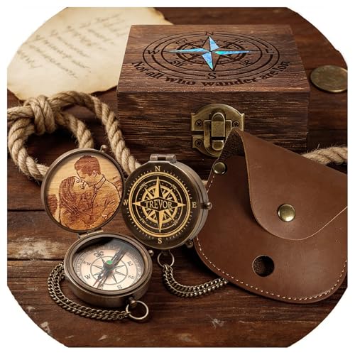Brújula de bolsillo personalizada grabada con caja de madera, brújula vintage de latón con estuche de cuero PU, para camping, senderismo y pesca