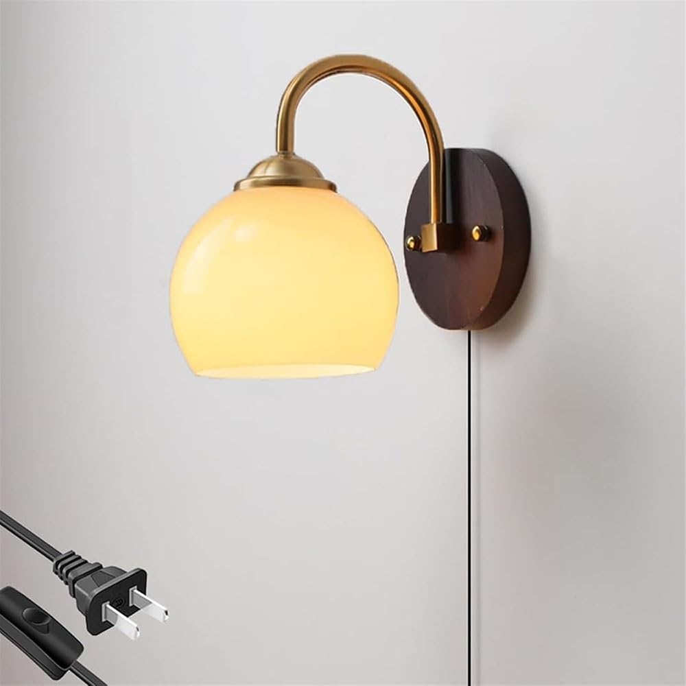 FEITENGDA Nordic Vintage Milk Glass Globe Wall Sconce Farmhouse Wood Base Wall Mount Light Mid Century Gold Brass Wall Lamp Fixture for Bedside Living Room Kitchen Hallway(Plug in)