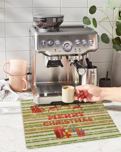 Image of Coffee Mat, Coffee Bar Mat for Countertops Christmas Green Stripe Santa Claus Gift Absorbent Coffee Maker Mat Rubber Backed Dish Drying Mat for Coffee Machine Coffee Maker Espresso Machine 16"x24"