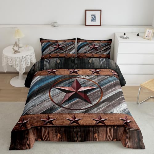 Image of Feelyou Rustic Texas Star Comforter Western Texas Comforter Set for Boys Girls Children Wood Boards Bedding Set Country Style Farmhouse Duvet Set Room Decor Quilt Set King Size