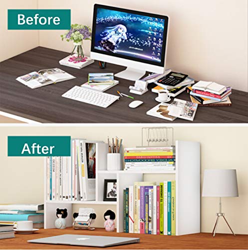 Office Desktop Bookshelf Adjustable Wood Display Shelf Desktop Organizer Office Storage Rack Countertop Bookcase Office Supplies Desk Organizer Accessories (White) - Thumbnail 4