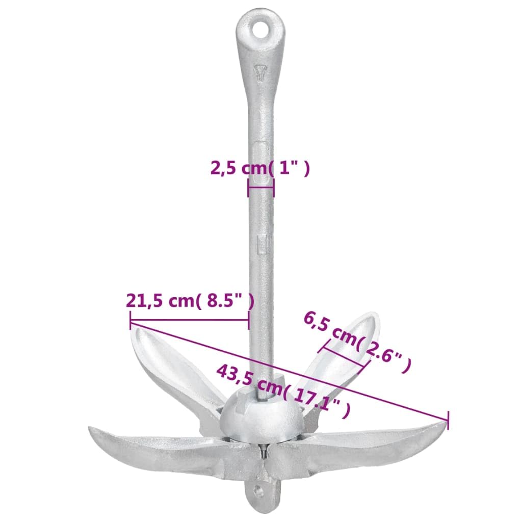 Mangloder Ancrage pliant avec corde argentée 6 kg en fonte galvanisée à chaud pour bateaux, kayaks et paddles, portable, durable, résistant à la corrosion, idéal pour le sable, l'herbe et la boue