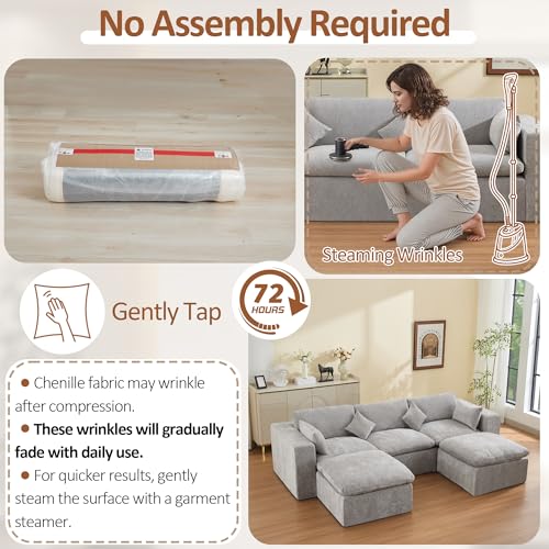 Image of 115'' Cloud Boneless Sectional Couch, Modular Sectional Sofa Deep Seat with 2 Ottomans, Oversized Upholstered Convertible Comfy 5 Seater Chenille Sofa U Shape Couches for Living Room, Light Grey