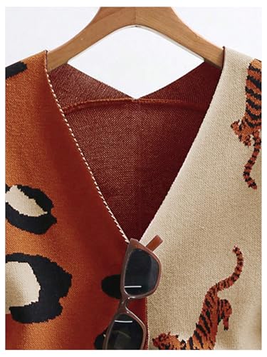 Image of WDIRARA Women's Leopard Tiger Print Cardigan V Neck Long Sleeve Color Block Button Down Sweater Outwear