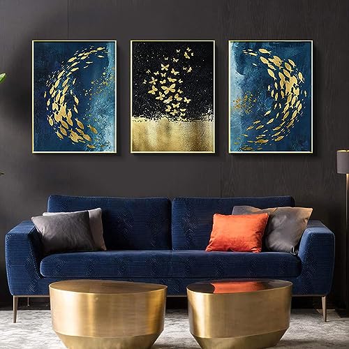 Peinture sur toile abstraite bleu doré 60x80 cm trio de cadres