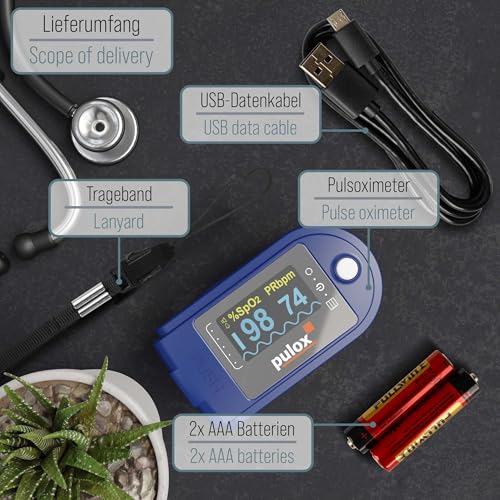 Pulsoximeter Pulox PO-250 mit LCD Farbdisplay, Alarmfunktion, Software und Zubehör