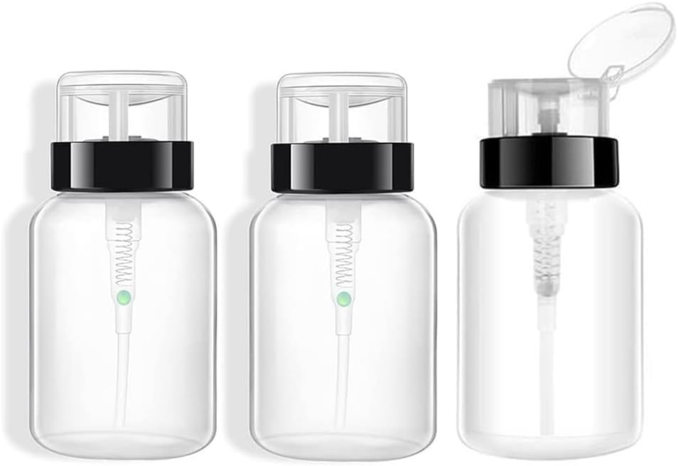 3Pcs 200ML/6.8oz Clear Plastic Push Down Nail Polish Remover Pump Dispenser with Flip Cap Manicure Clean Pump Bottles Makeup Liquid Cosmetic Storage Container Dispensers Vial