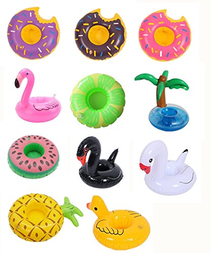 12 Pack Inflatable Drink Holder Float,Fruit Donuts Flamingo Swan Plam Duck Inflatable Pool Cup Holders Coasters for Pool Party Water Fun