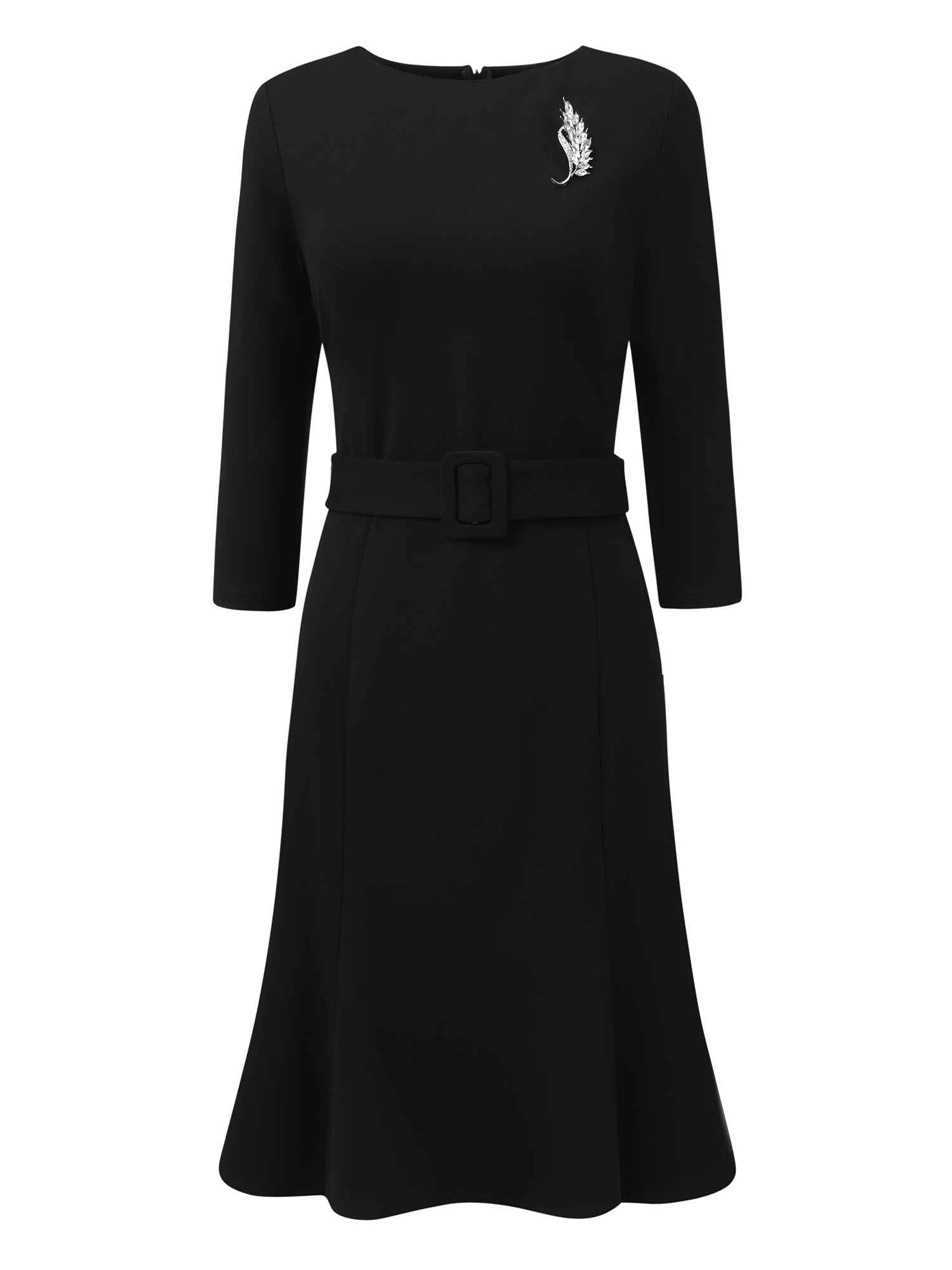 Womens Funeral Dress with Brooch 3 4 Sleeve Boat Neck Failtails Midi Dress