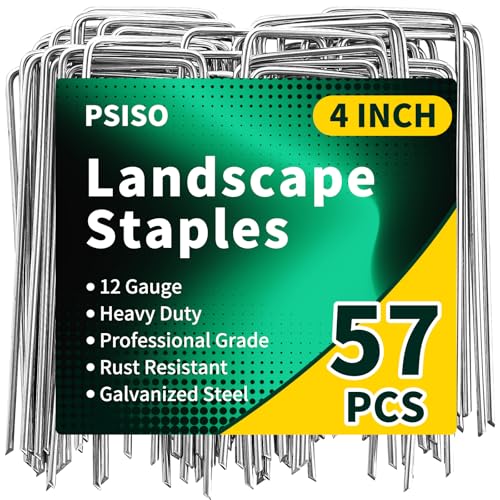 PSISO 57 Pack 4 Inch Galvanized U-Shaped Garden Stakes Landscape Staples 12 Gauge Heavy Duty Tent Stakes Ground Yard Lawn Pins for Landscaping Weed Barrier Fabric Fencing Outdoor Decor
