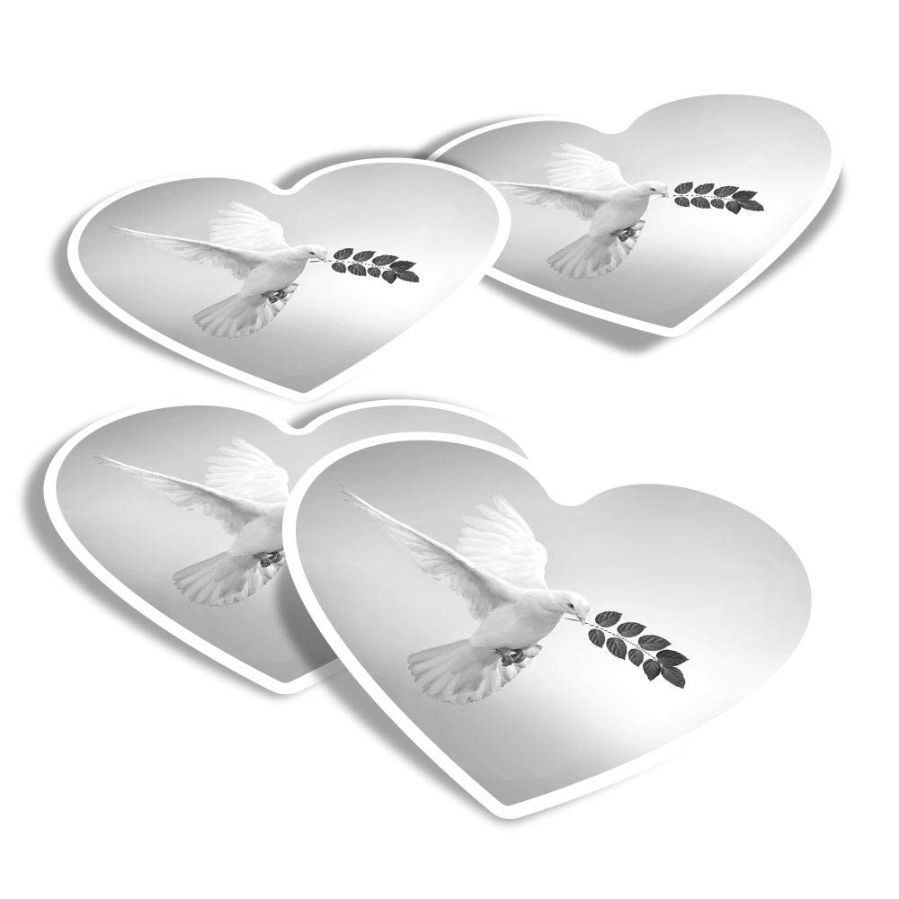 Destination Vinyl Ltd Multi Vinyl Heart Stickers (Set Of 4) - Bw - White Dove Peace Bird Humanity Fun Decals For Laptops,Tablets,Luggage,Scrap Booking,Fridges #43340