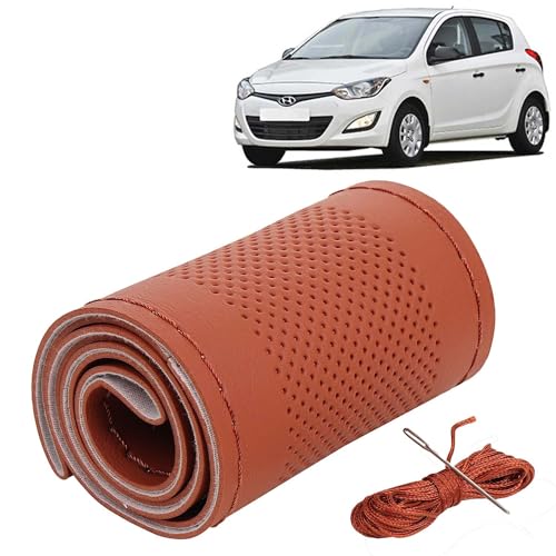 Image of KINGSWAY PU Leatherite Car Steering Cover Sewable Compatible with Hyundai I20 (Year 2011-2014), Tan Color with Tan Thread, Pack of 1 with Sewing Needle and Thread