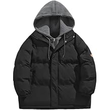 Mens Faux Two Piece Hooded Coat Winter Padded Jacket Warm Thickened Casual Loose Fit Streetwear Overcoat