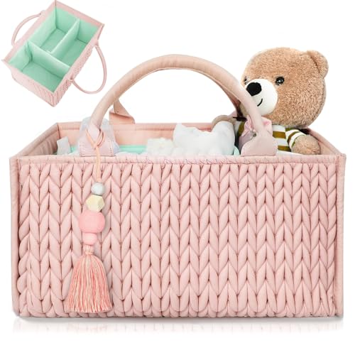Image of MOMINSIDE Diaper Caddy Organizer, Nursery Storage, Portable Changing Table Car Caddy - Girl Boy, Baby Registry, Newborn Essentials (Pale Pink)