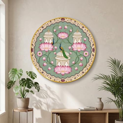 Image of SAF Lotus Peacock Mandala Wall Painting Round PVC Golden Frame Floral Temple Art Traditional Indian Decor Elegant Wall Art for Living Room Bedroom Office Home (16 x 16 Inch) GRM-412