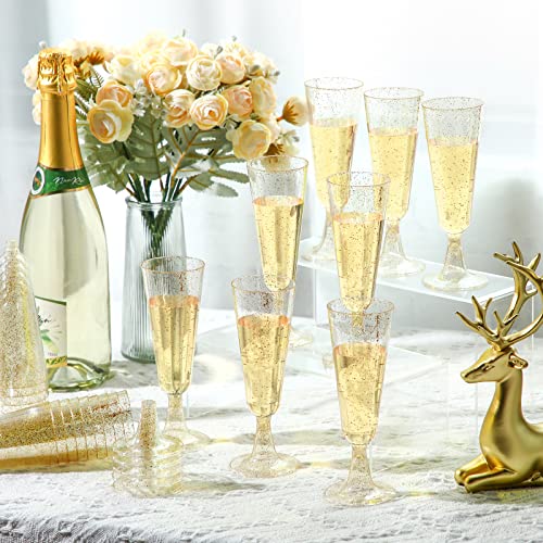 Gerrii 200 Pcs Gold Glitter Plastic Champagne Flutes Bulk 4.5 Oz Disposable Champagne Flutes Clear Toasting Champagne Glasses For Wedding Birthday Anniversary Mimosa Bar Events Bridal Shower Party #TOP3