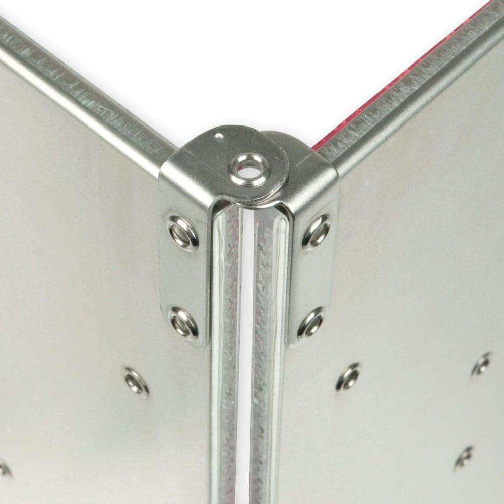 Kleine Park-Warntafel (285 mm x 285 mm) mit 8 rot-weißen Prismenrückstrahlern - auf Aluminium genietet - rechts- oder linksweisend - horizontal klappbar mit Drehwirbel zum Verschließen (linksweisend)