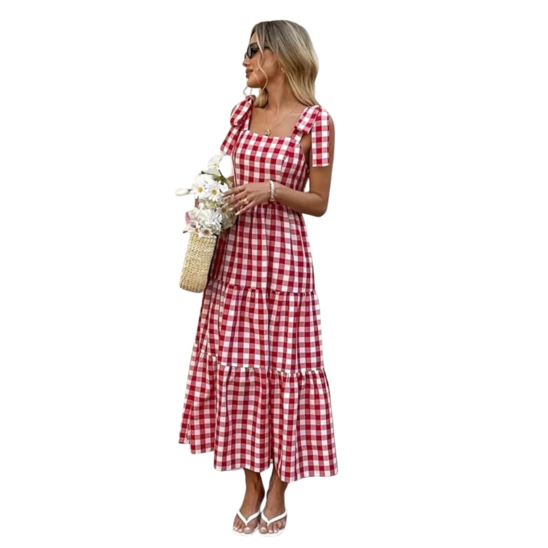 lush & loom life style Lush&LOOMLifestyle Women's Red & White Gingham Checked Maxi Dress, Sleeveless Square Neck Tie-Up Strap Dress, Flared A-Line Cotton Blend Casual Summer Long Dress-picture-14