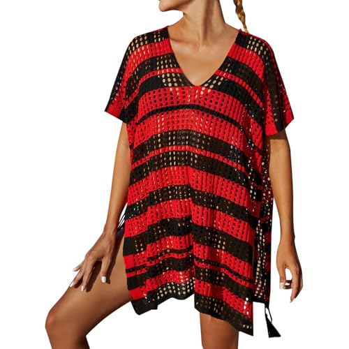 Camisa Playera Calada con para Mujer Vacaciones Verano Cubierta baño Elegante (Red, One Size)