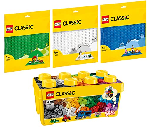 Lego Classic 4er Set: 10696 Mittelgroße Bausteine-Box, 11023 Grüne Bauplatte, 11025 Blaue Bauplatte & 11026 Weiße Bauplatte