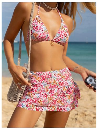 Milumia Women's 3 Piece Bikini Set Halter String Triangle Swimsuit with Beach Skirts2