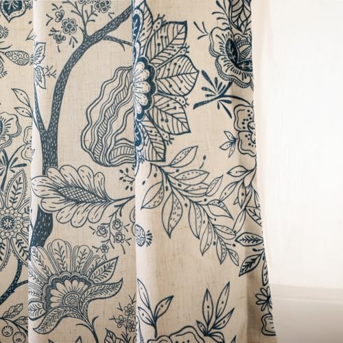 Image of Designer Elegant Linen Printed Curtains,2 Panels,71 inchx65 inch-Ruyi B | Vintage French Cottage Curtain with Grommets 63 inch long,Blue Floral Pattern Draps,kitchen Bedroom Living Room Window