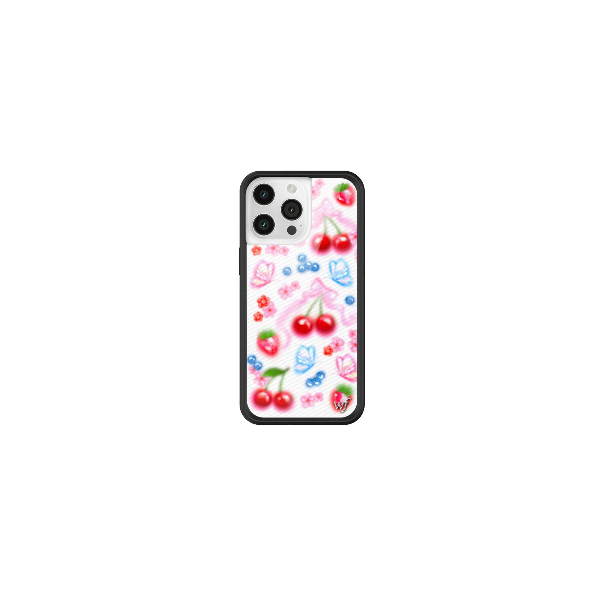 Wildflower Cases - Sweet Cherries Case, Compatible with Apple iPhone 15 Pro Max | Blue, White, Red, Trendy, Fruit, Cherry - Protective Black Bumper, 4ft Drop Test Certified, Women Owned Small Business