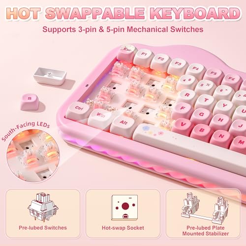 Image of YUNZII C75 Wireless Mechanical Keyboard,75% Layout, Hot-Swappable NKRO,BT5.0 /2.4G /USB-C Mode,Dye-Sub PBT MOA Keycaps,RGB Gasket Mount,Cute Cake Design for Mac /Win /Gaming (Pink, Milk V2 Switch)