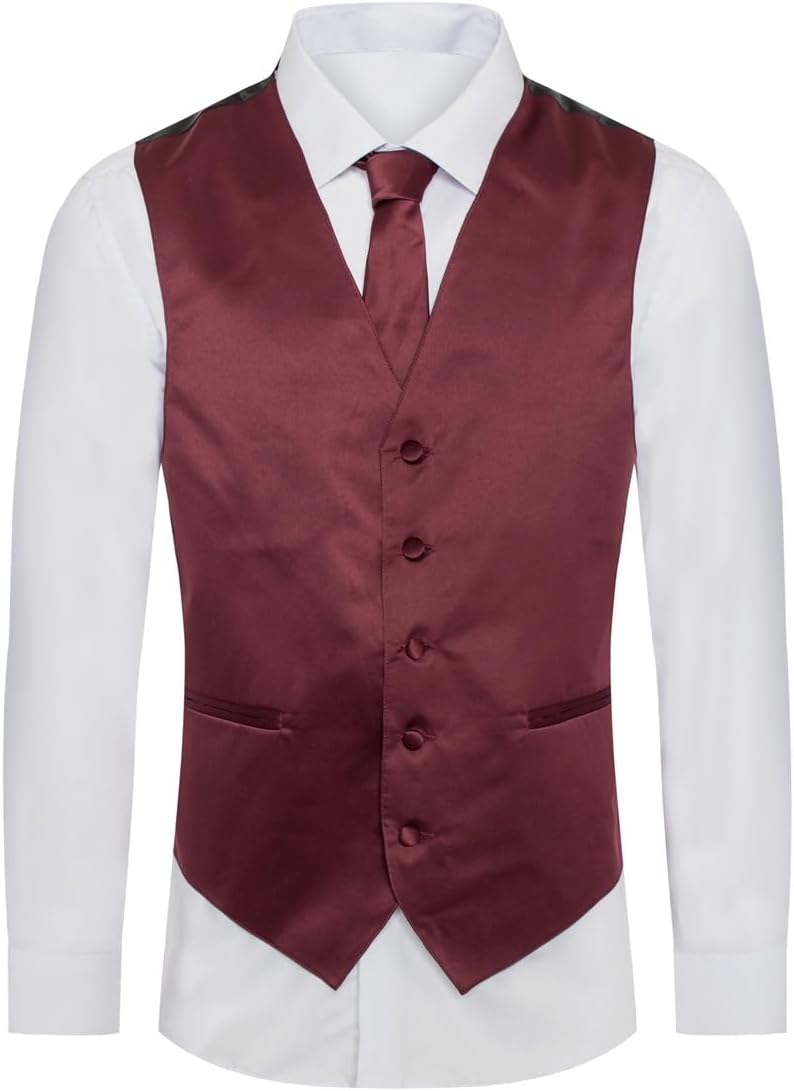 Men's Premium Solid Vest - NeckTie – Bow Tie - Pocket Square 4 Piece Set for Suits & Tuxedos (Burgundy, XSmall)