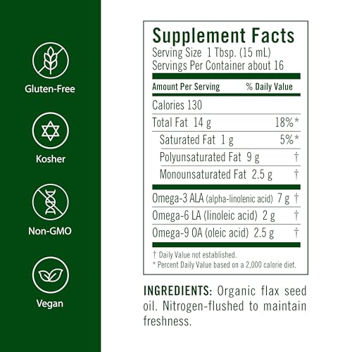 Image of FloraHealth Certified Organic Flax Oil, Cold-Pressed, 8.5 fl. oz. Glass | Cold-Pressed, Unrefined, Organic Flax Seed Oil, Contains Omega-3 & Omega-6, Non-GMO & Gluten-Free, Keep Chilled