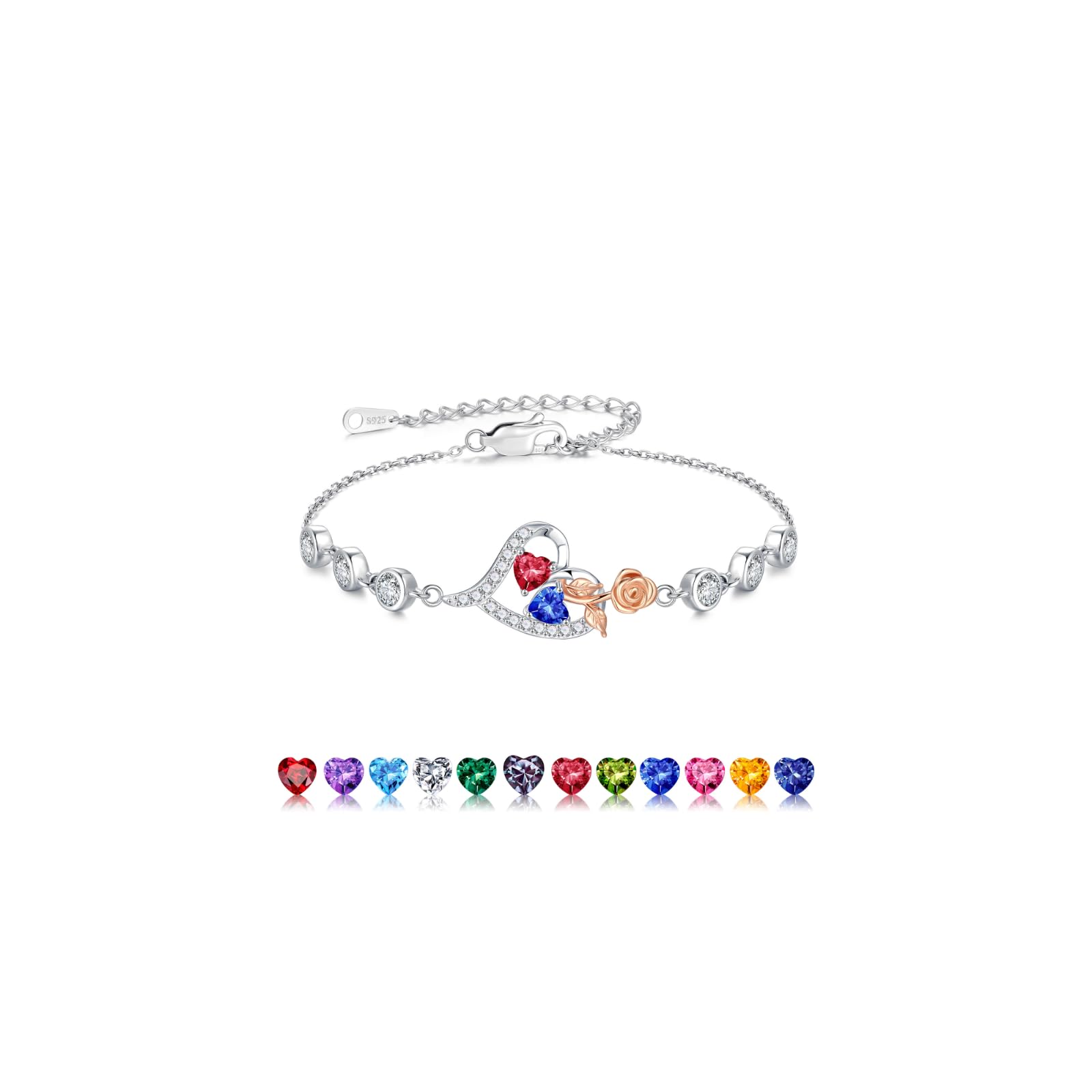 Iefil Valentines Day Gifts for Her - 925 Sterling Silver Rose Heart Birthstone Bracelets, Anniversary Birthday Gifts for Women Wife Mom Daughter, 6"+2
