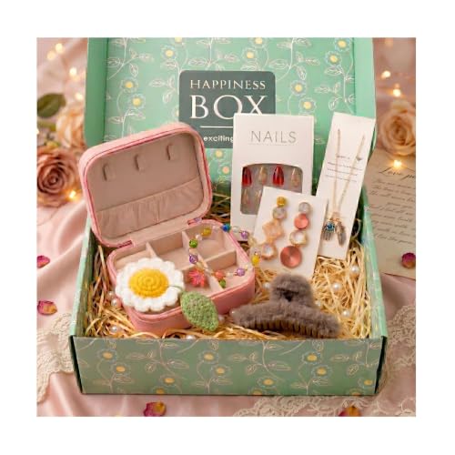 Image of Rakhi Fashion Hamper For Women - Pink PU Leather Travel Jewelry Case Gift Set for Women, Necklace, Hair Claw, Press On Nails, Floral Crochet Keepsake Box for Girlfriend, Sister, Behen, Sis