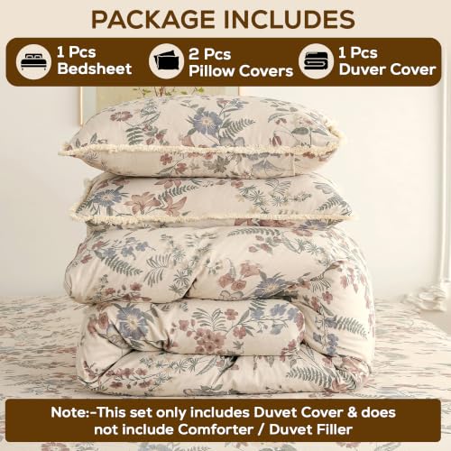 Image of Story@Home King Size Bedcover Set | 400 TC Microfiber Bedding Set with 1 Duvet Cover 1 King Bedsheet 270 x 250 cm & 2 Pillow Covers | Soft Durable Duvet Cover Set Floral Pattern | Beige Dark Brown