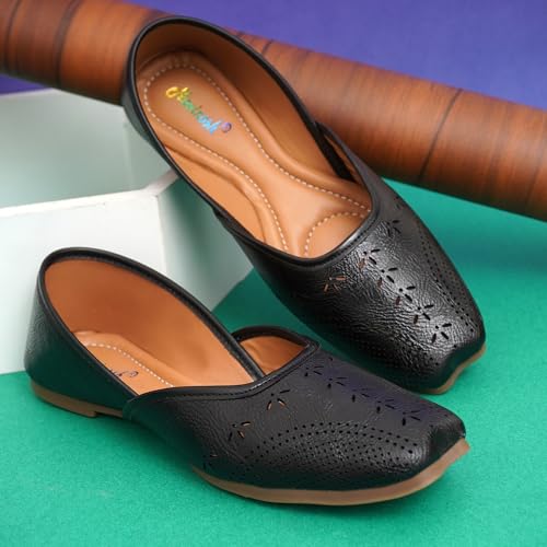 Image of Duosoft Women's Leather Ballet Flats, Black Perforated Design, Comfort Cushioned Insole, Slip-On Style Bellies Dw-201-Tan