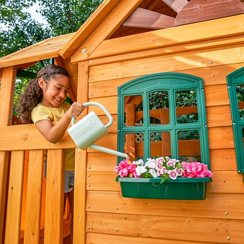 Image of KidKraft Buffalo Crossing Wooden Outdoor Swing Set with Tube Slide | Two-Story Playhouse, Rock Wall, Glider, Faux Stone Facade, Planter Boxes