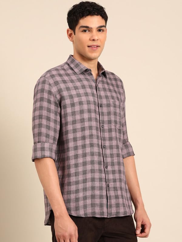 Image of Linen Club Men's Pure Linen Checked Contemporary Fit Full Sleeve Casual Shirt