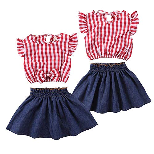Toddler Baby Girl Red Plaid Outfits Ruffled Sleeve Crop Top Shirts with Bowknot+ Denim Skirt Dress Clothes Set4