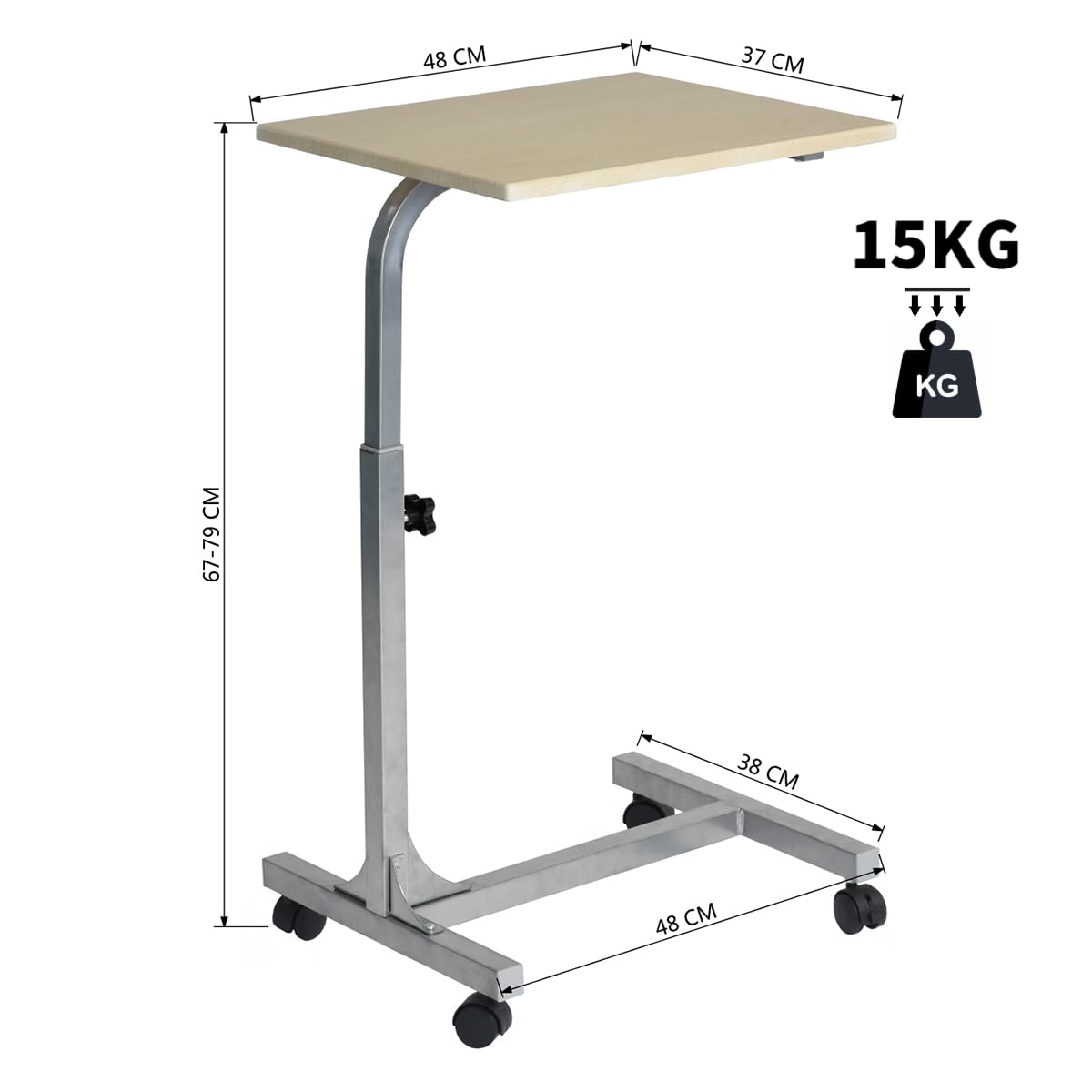 Table de Chevet Médicale à Hauteur Réglable pour les Hôpitaux et les Maisons avec Base Stable et Roulettes Verrouillables pour les Repas et les Médicaments des Patients Personnes Âgées