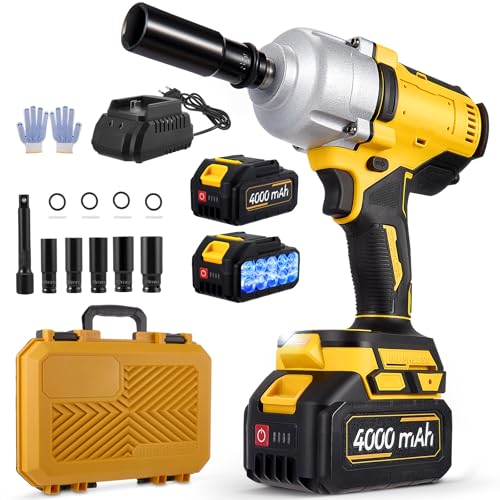 GJCrafts Atornillador de impacto a batería de 1000 Nm, atornillador de impacto a batería sin escobillas de 21 V, con 3 niveles de velocidad, 2 baterías de 4,0 Ah y cargador rápido, luz LED, 5