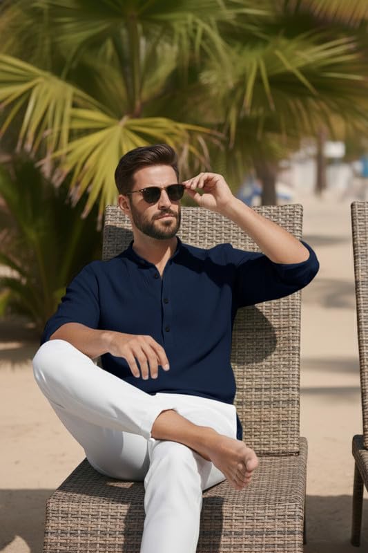 Image of Men's Cotton Blend Short Kurta with Collared Neck Full Sleeves Solid Pattern Western Style Regular Fit and Standard Length