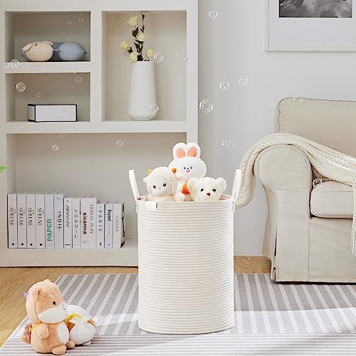 Image of VIPOSCO 58L Tall Woven Rope Laundry Hamper, Leather Handles, White