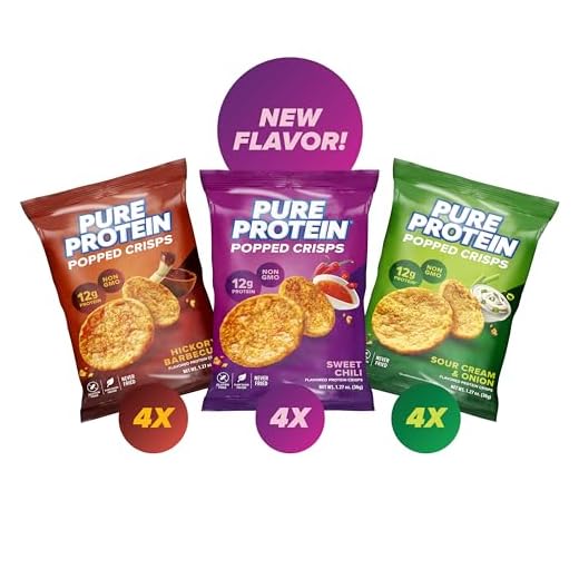 Pure Protein Popped Crisps, High Protein Snack, 12G Protein, Variety Pack: Hickory Barbecue, Sour Cream & Onion, Sweet Chili, 12 Count