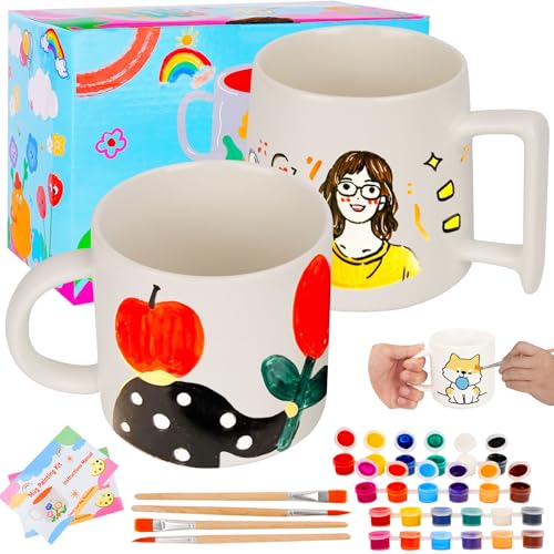 Vuxava Kit para Pintar Tazas de Cerámica – Taza Personalizada DIY con Pintura y Pinceles – Manualidades Creativas para Adultos y Niños – Idea de Regalo para Cumpleaños o Navidad