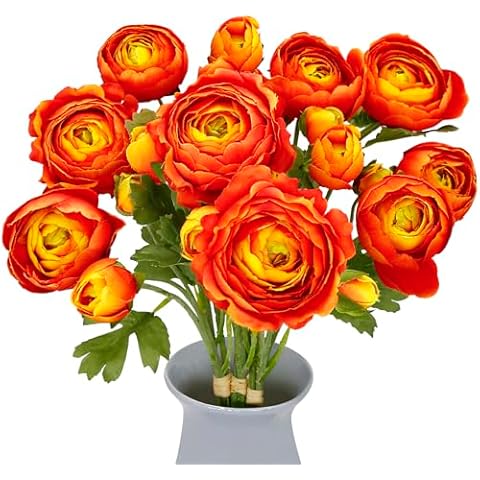 VIKINGS PANDA 9 Pcs Peonies Artificial Flowers Bouquet 17.3" with Long Stems, 27 Heads Silk Flowers Arrangement for Home Decor Indoor (Orange) Cover