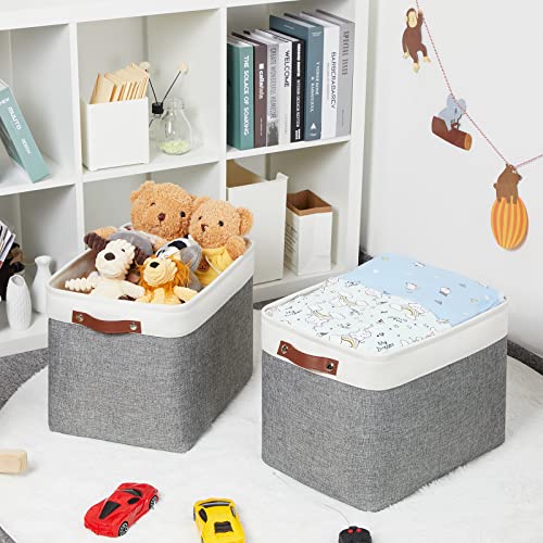 Hnzige Large Fabric Storage Baskets Bins For Organizing [2 Pack] Foldable Storage Bin Tall Baskets For Shelves 16" X 11.8" X 11.8" Canvas Rectangular Decorative Storage Bins For Closet(Gray&White) #TOP2